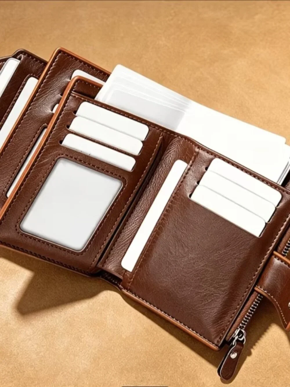 Men's Coffee Trifold Wallet with Detachable ID Window & Multi Card Slots NEW